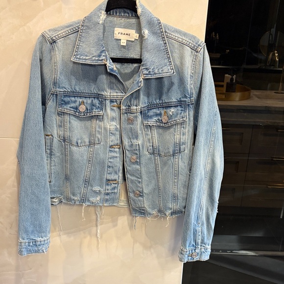 Frame Denim Jackets & Blazers - Frame Denim Cropped Light Wash Distressed Jean Jacket